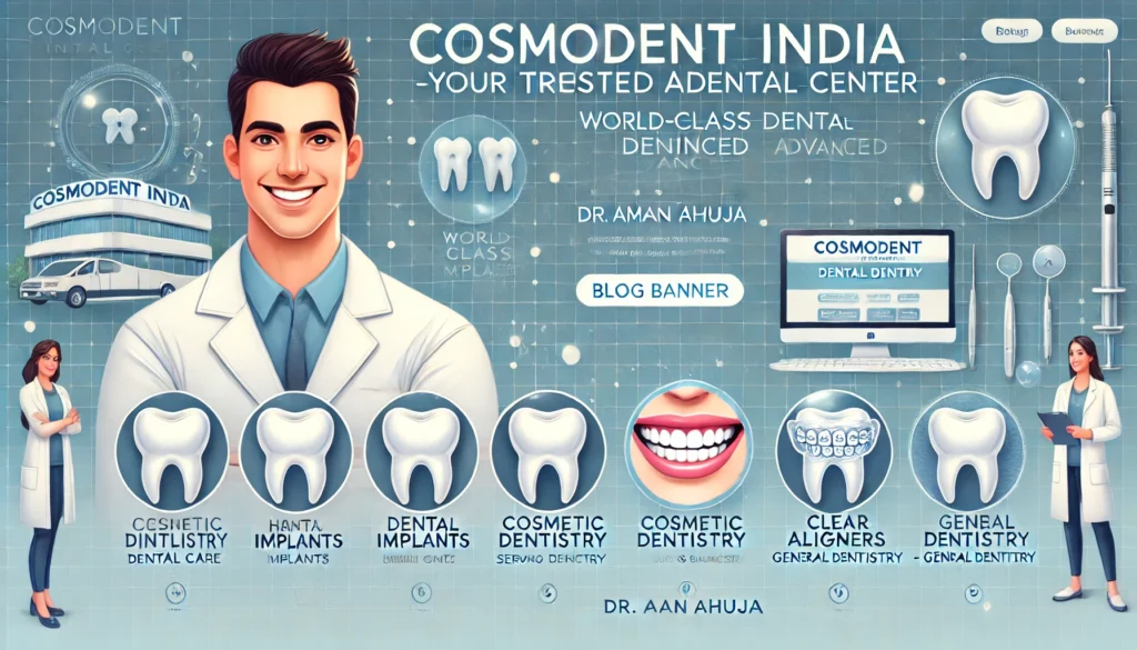 A stylish and professional blog banner for 'Cosmodent India – Your Trusted Advanced Dental Center'. The banner should show happy patients with bright Cosmodent India