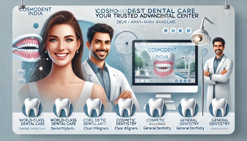 A clean, professional blog banner for 'Cosmodent India – Your Trusted Advanced Dental Center'. Cosmodent India